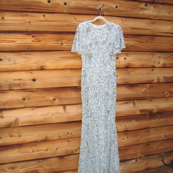 MAC DUGGAL 93932 Blue Flutter Sleeve Sequin High Neck Gown Dress - Picture 6 of 13